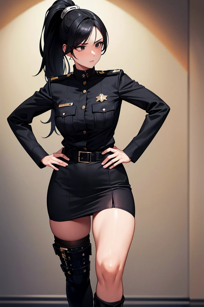 Beautiful images,Official image,One Woman,Beautiful black hair,Beautiful and detailed black eyes,ponytail,Beautiful five fingers,Ergonomically correct hand,Black Combat Officer Uniform,Black tight mini skirt,Black boots,stand,Hands on hips