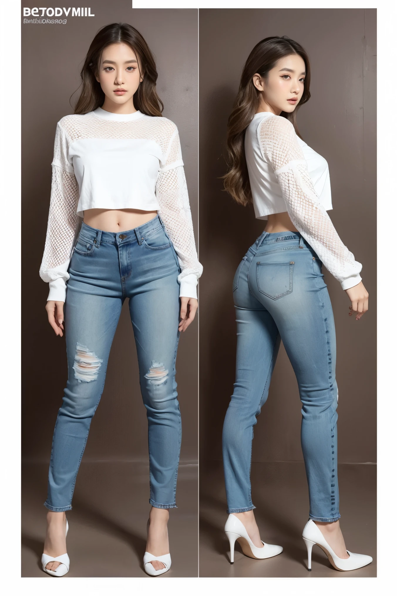 Detailed character sheet, Front view, Side view, Diagonal view, with a white returnground, show women, 30 years old, with dark brown hair combed return, Wearing light casual clothing, Wearing tight denim jeans. The seat includes different angles, Front etc., return, and Side views, Model sheets and reference sheets, Full-body painting. Proportions are based on a 7.5 head scale.