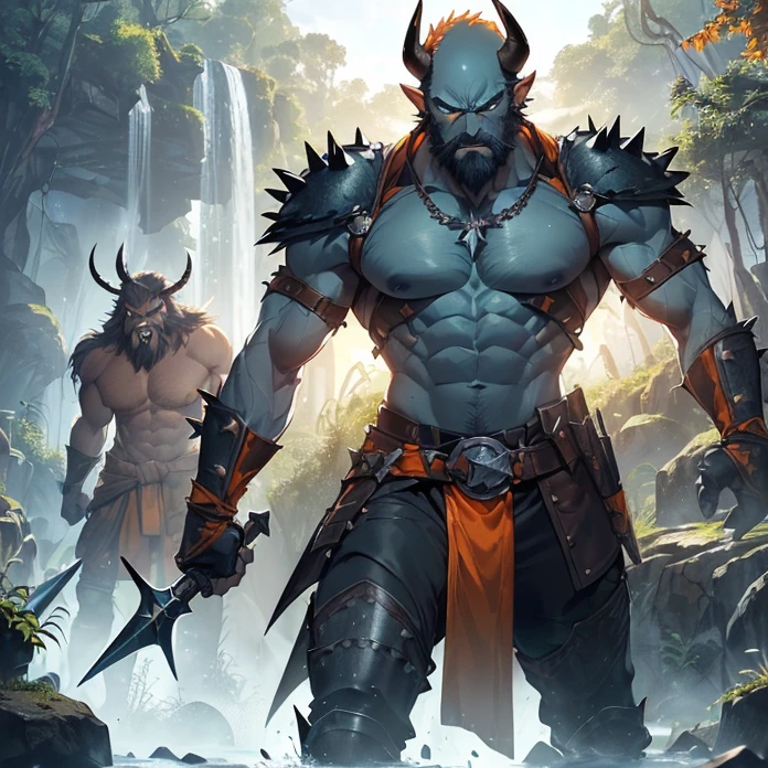 High Resolution, Masterpiece, HD, High Quality, Backlighting, Overexposure, Optical Illusion, Silhouette,
Anime Style, Digital Art, neverwinter-aesthetic
{{((1bugbear warrior: (greyish-blue skin, ugly face, wrinkled features, prominent eyebrows, prominent jaw, prominent jaw sharp tusks, yak horns, bald head without hair, long spiky brown beard, blue eyes, muscular arms, hands with 2 fingers and 2 tumbs, flat nose, slender legs, open mouth roaring, angry face), (chest belts with iron buttons over the cuirass, orange leather pants, brown cuirass, blue leather boots, iron knee pads, iron shoulder plates, green necklace),(standing in deffensive combat pose, single handed orange spiked-mace), (orange leaf trees, green waterfall, dawn morning))}}