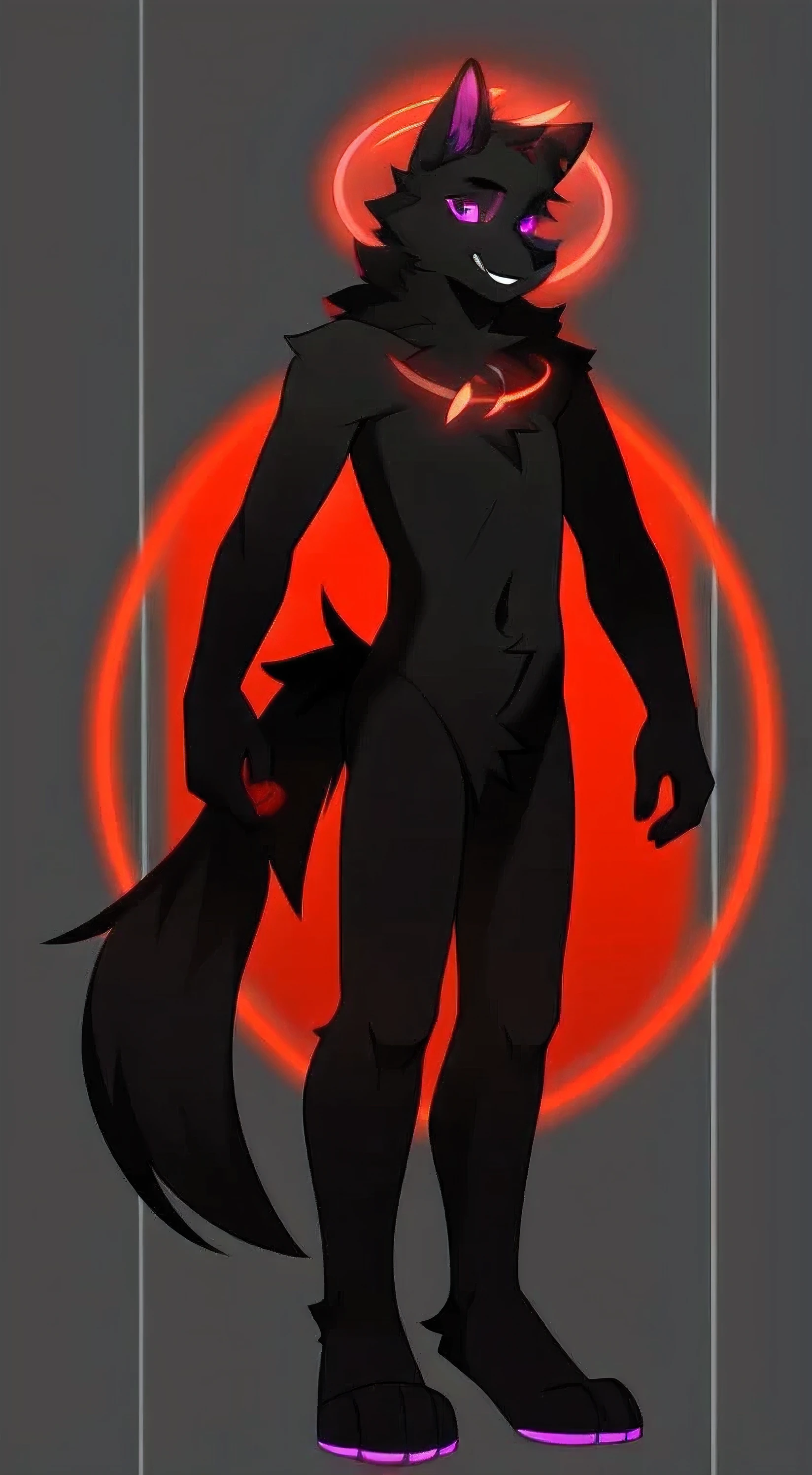 a black wolf furry, uploaded on e621, male, purple eyes, attractive, anthro, alone, standing, full body, evil, refsheet, thin, demon sigils, red halo