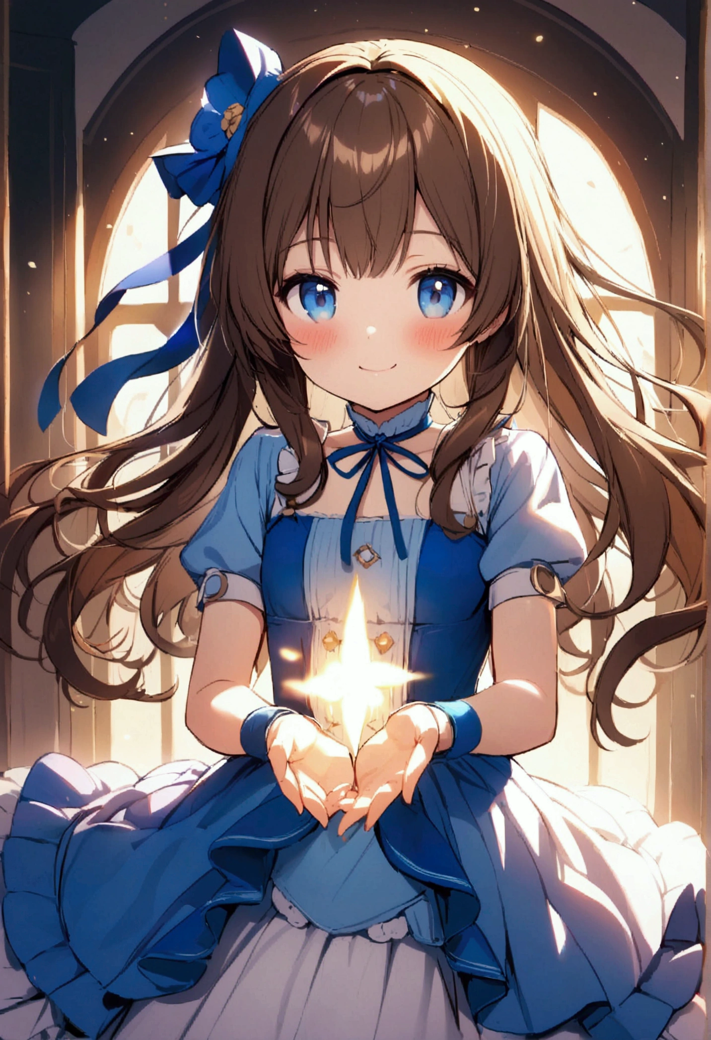 girl, beautiful girl, brown hair, long hair, blue eyes, blue ribbon, cute blue outfit, smile, little blush, small breats