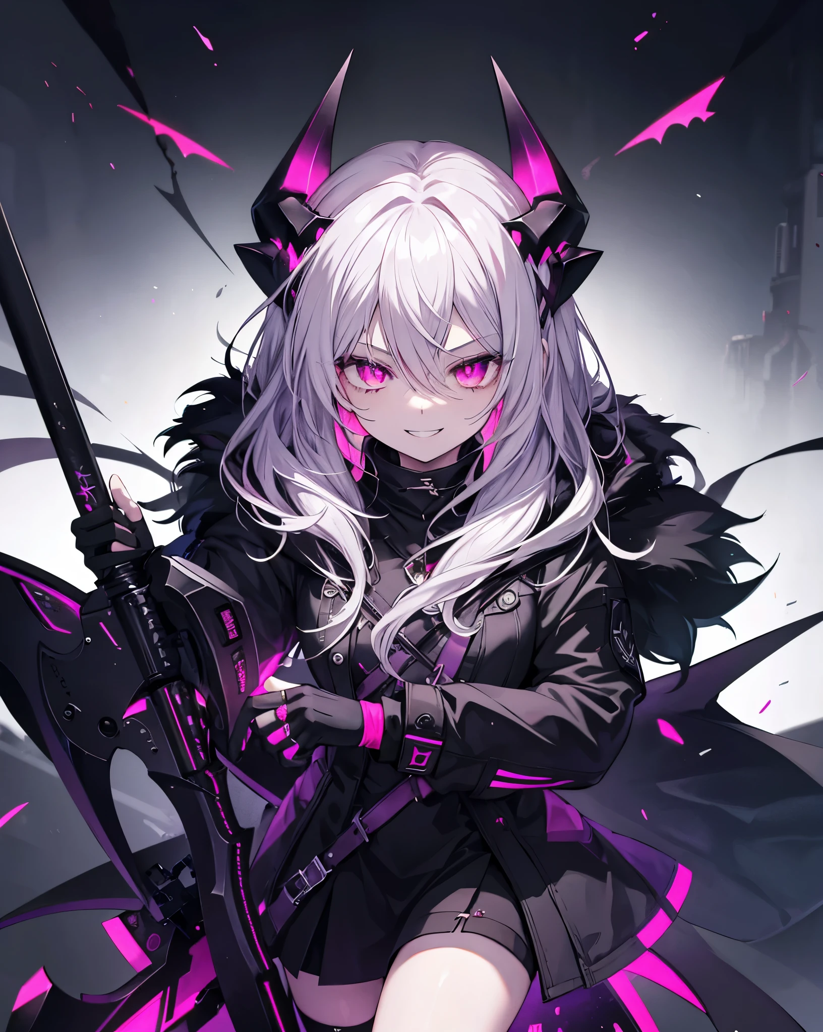 1girl, scythe, solo, sharp_teeth, holding, teeth, hood, pink_eyes, open_mouth, horns, smile, long_hair, ring, hood_up, gloves, holding_scythe, looking_at_viewer, weapon, holding_weapon, black_gloves, glowing_eyes, jewelry, fur_trim, glowing, hair_between_eyes, fingerless_gloves, building, grey_hair, (neon), (evil smile:1.4), evil . Cute smile with vampire canines