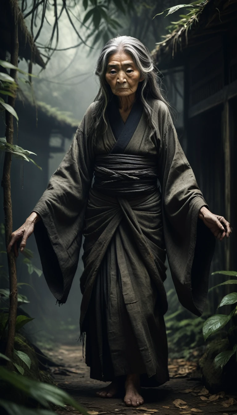 Generate a highly detailed and creepy image of Tenagababa, an old woman from Japanese folklore with extremely long arms measuring over two meters. Tenagababa is depicted as a dramatic and unsettling figure that combines the features of an old, wrinkled woman with supernatural attributes. She has abnormally long arms that are longer than she is tall, with twisted fingers and sharp claws. Her appearance is menacing and intimidating, with tattered clothing and disheveled hair. Set the scene in a dark jungle or an old abandoned village to create a chilling atmosphere. Tenagababa has an imposing presence and includes details such as the texture of her skin, the malice in her eyes, and the dark energy she exudes. Include subtle elements such as the rustling of leaves and the sound of an owl hooting in the distance to create an overall sense of fear and unease. The overall atmosphere is very creepy and mysterious, capturing the essence of Tenagababa's terror.
