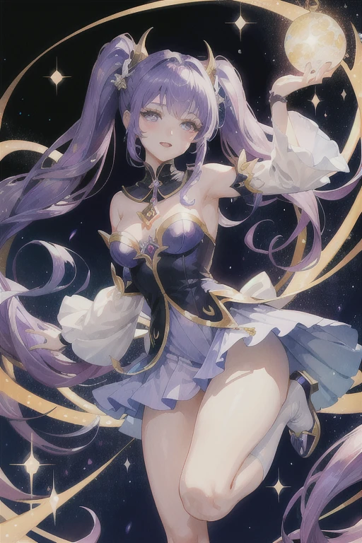 ((best quality)), ((masterpiece)), (detailed), Mona from Genshin Impact has long, dark purple twin-tails, opal eyes. She exudes a mystical, celestial aura. Mona from Genshin Impact with dark purple hair styled in long twintails and opal eyes. She's depicted as an astrologist with galaxy-like hair adorned with stars, giving her an ethereal and celestial appearance. Show her in an ascending, goddess-like pose, emphasizing her supreme and evolved deity form. The art style should be reminiscent of high-quality gacha game splash art and anime tarot cards, with a full-body view. Ensure the piece is of the best quality, highly detailed, and clearly inspired by Genshin Impact, magical girl, winx, enchantix.