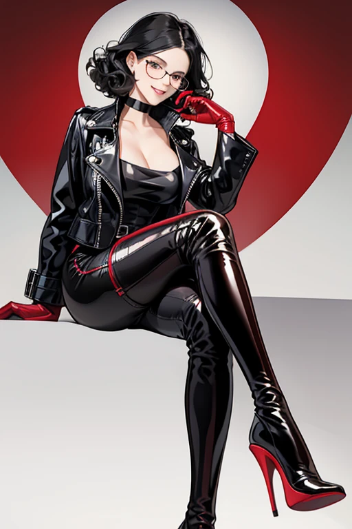 A mature woman with short black hair, natural curls, and glasses wearing a black leather jacket, black patent leather leggings, red patent leather gloves, and a strap-on strap-on　smile　Love Hotel　Red patent leather knee-high boots