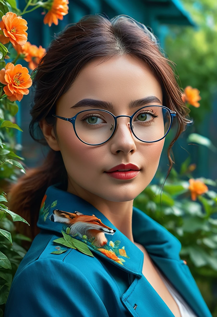 (best quality,4k,highres,masterpiece:1.2),ultra-detailed,realistic,portrait,intelligent confident fox,girl,blue jacket,detailed eyes,detailed lips,smart,wearing glasses,stylish,standing in a vibrant garden,beautiful flowers blooming,colorful,soft lighting,leaves rustling in the breeze,serene atmosphere,creativity,harmony,positive energy,feeling of tranquility,happiness,artistic style,hues of blue and green,fine brushstrokes,meticulous attention to detail,professional illustration,exquisite rendering,vivid colors,picture-perfect view,perfectly balanced composition,mesmerizing painting effects,awe-inspiring work of art.