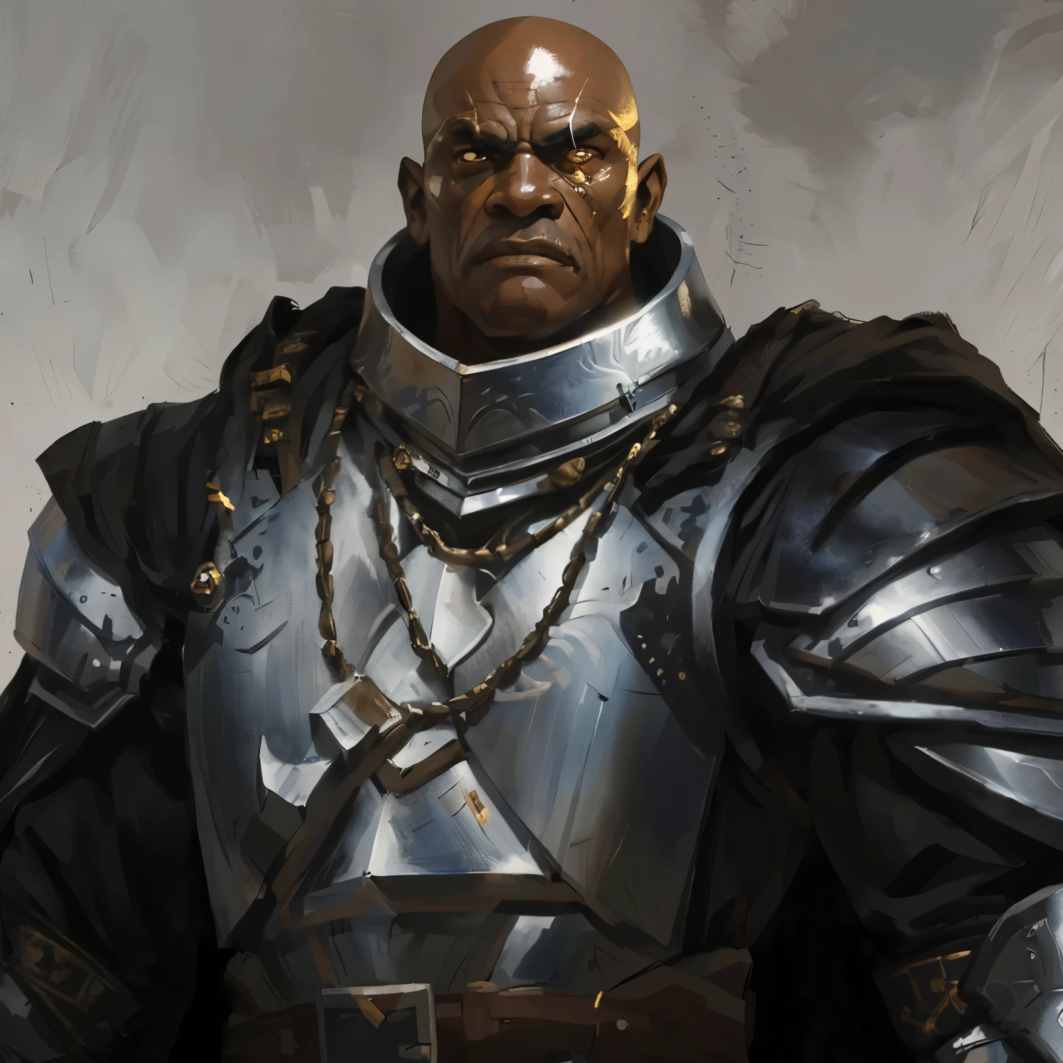 "A dark, biblical-style illustration of an elderly, small-bodied black-skinned knight with no facial hair and a clean-shaven head. He has a grumpy but tough demeanor, exuding strong will and determination. One of his eyes is a scarred, glass eye, adding to his formidable appearance. He wears traditional, worn armor and stands with a commanding presence, depicted in the dramatic, intricate style of Gustave Doré --ar 1:1"
