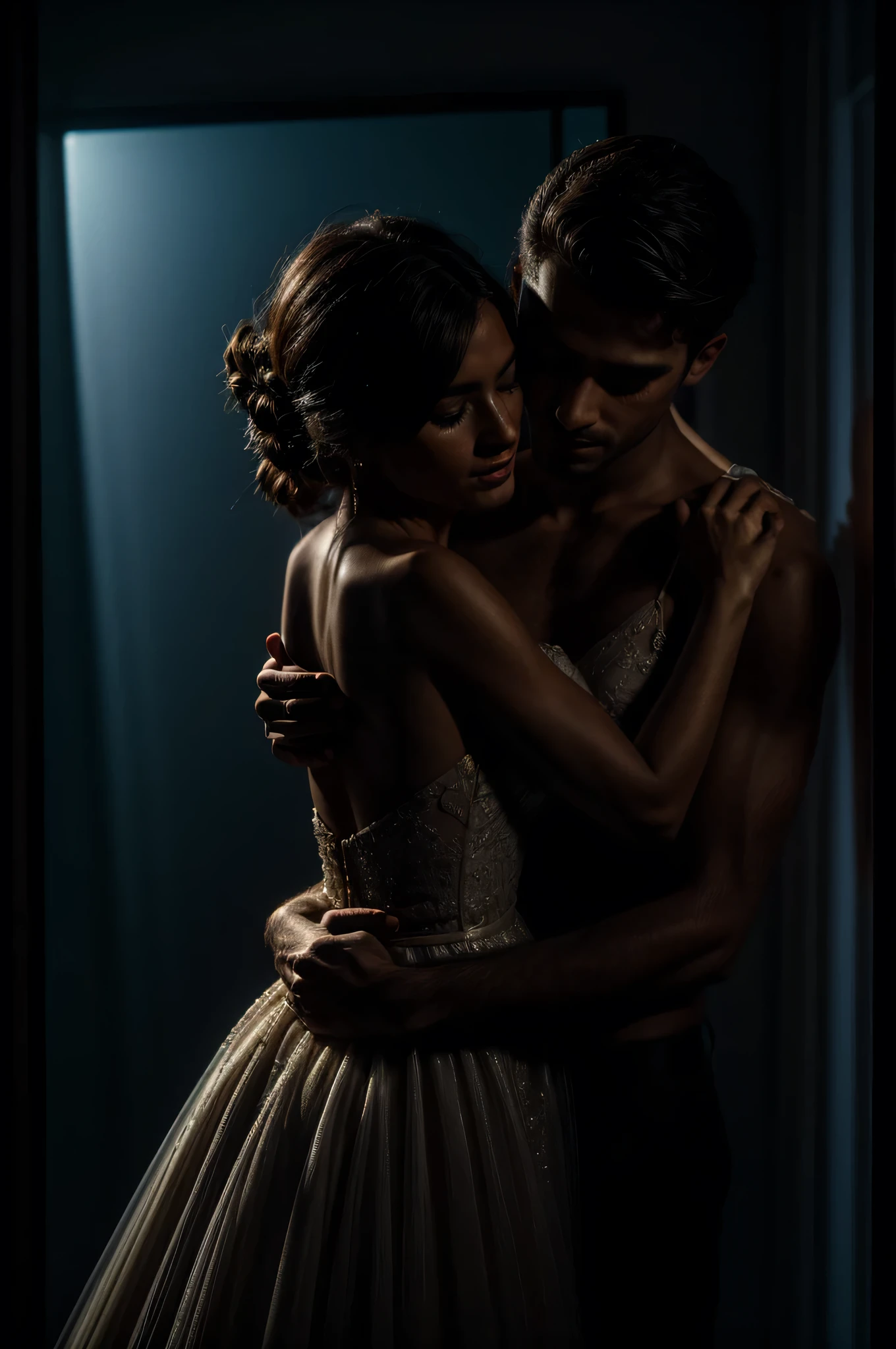 Couple of man and woman hugging in a dark room. 4K resolution captures every detail, from the texture of the dress's fabric to the delicate play of shadows and light on the skin. vivid, emotionally charged moment. portrait, perfect faces