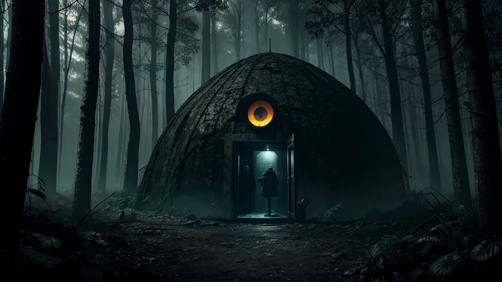 "Create a dramatic YouTube thumbnail showing a dark, dense forest at night with a small, dimly lit bunker hidden among the trees. Highlight eerie, glowing eyes of strange creatures lurking in the shadows, watching the bunker. The image should convey a sense of tension and fear, with the bunker occupants appearing anxious and peering out from a small window or doorway. Use a dark color palette with contrasting bright elements, like the creatures' eyes, to create a chilling atmosphere. Include a prominent text overlay with bold, ominous words like 'Hiding in Fear!' and 'Strange Creatures Watching.'"
Text Overlay:
"HIDING IN FEAR!"
"STRANGE CREATURES WATCHING"