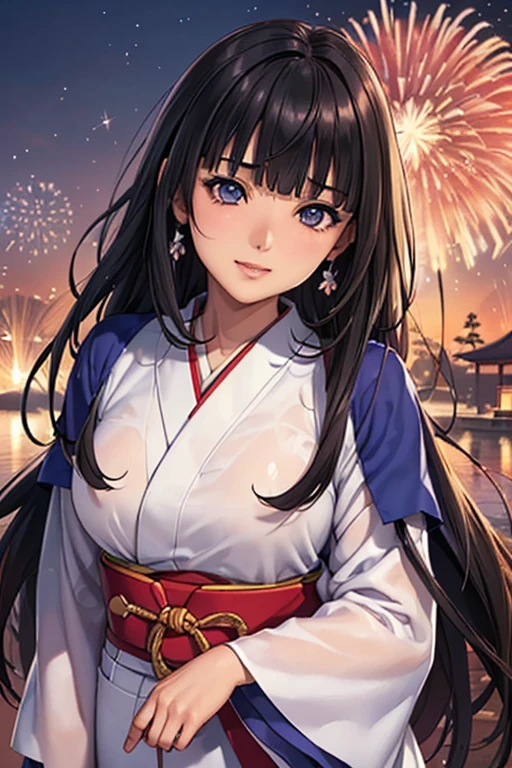 #Basics A girl is posing for a photo, animeのかわいい女の子,  ((One Girl)), (((Baby Face:1.2)) + ((cute:1.3))), 
break 

#Clothing Accessories 
(((Blue and white)yukata) : Morning glory pattern + the skirt is long + Red belt + Long sleeve + Wide sleeves), 
((Red earrings)), 
break 

#Features 
(((Black Hair)), ((blunt bangs)), Hair blowing in the wind, (Long Hair : Straight hair + Thin Hair)), 
((Droopy eyes:1.4, Big eyes:1.2), blue eyes), (Small breasts), (Brown skin), 
break 

#background environment 
((evening + The setting sun shines + Japanese garden)), 
#Facial Expression Pose  
(smile), ((Looking up at the fireworks)), 
#composition 
(((Focus from the front), Cowboy Shot)), 
break 

#Body parts elements 
(Slim figure), 
(Detailed Hair, Beautiful Hair, Shiny Hair), 
(double eyelid, Long eyelashes), 
(Expression of fine eyes, Beautiful and delicate eyes, Sparkling eyes, Eye Reflexes, Glitter Eyeliner), 
(Human Ear), 
(Beautiful Nose, Thin Nose), 
(Glossy Lips, Beautiful Lips, Thick lips), (Symmetrical facial features), 
(Detailed skin, Textured skin, Beautiful Skin, Oily skin), 
break 

#Quality Image Quality Common 
(((Highest quality)), ((masterpiece)), ((Very detailed))), ((Ultra-high resolution)), ((16K, 1080P)), ((FHD)), 
(Anatomically correct), (Realistic), (3DCG), (oil), 
#Quality image illustration 
((comics, anime)), CG illustration,
