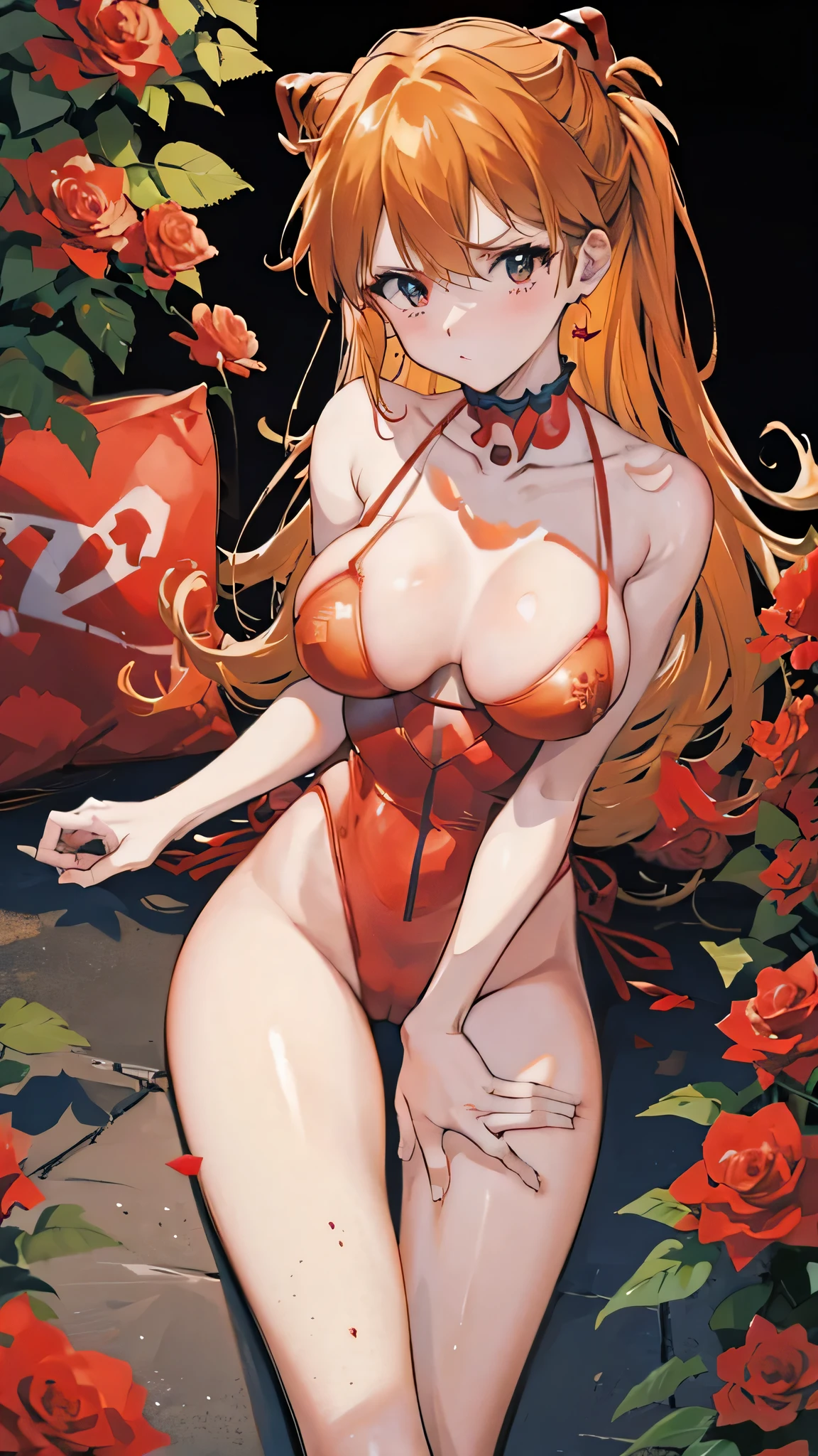 Asuka, red lingerie, huge tits, camel toe, Red roses