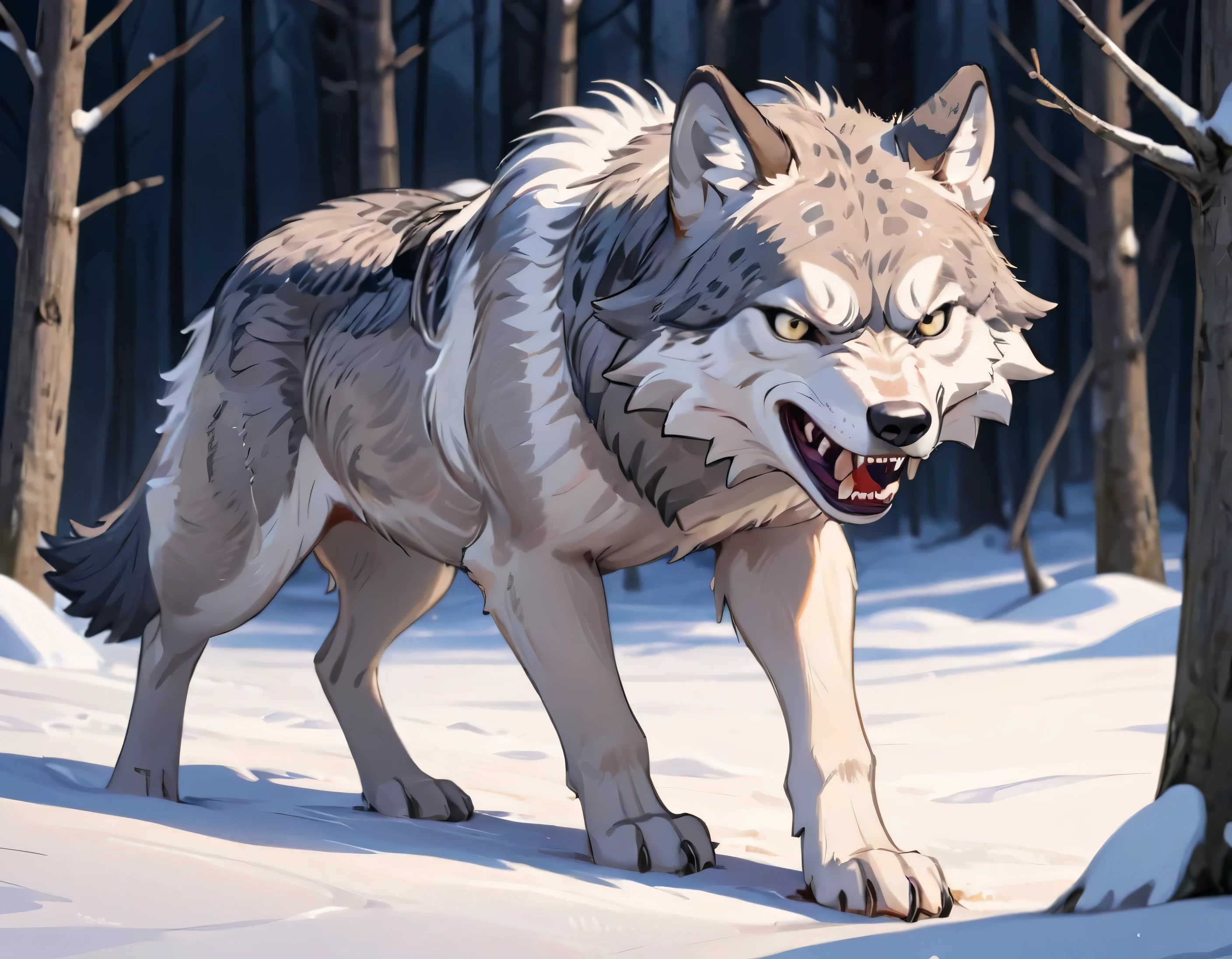 Moonlit night, ferocious wolf, Gray wolf, Showing your teeth and looking angry, bare ground