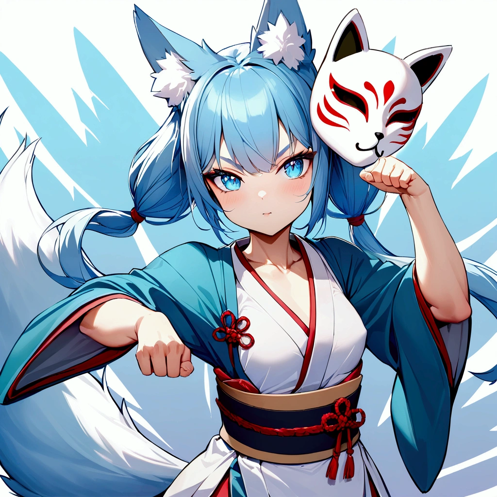 cute young girl, blue hair, long twintail hair, light blue eyes, fox ears, fox tail, muscular body, small breast, japanese outfit, fight with katana pose, fox mask