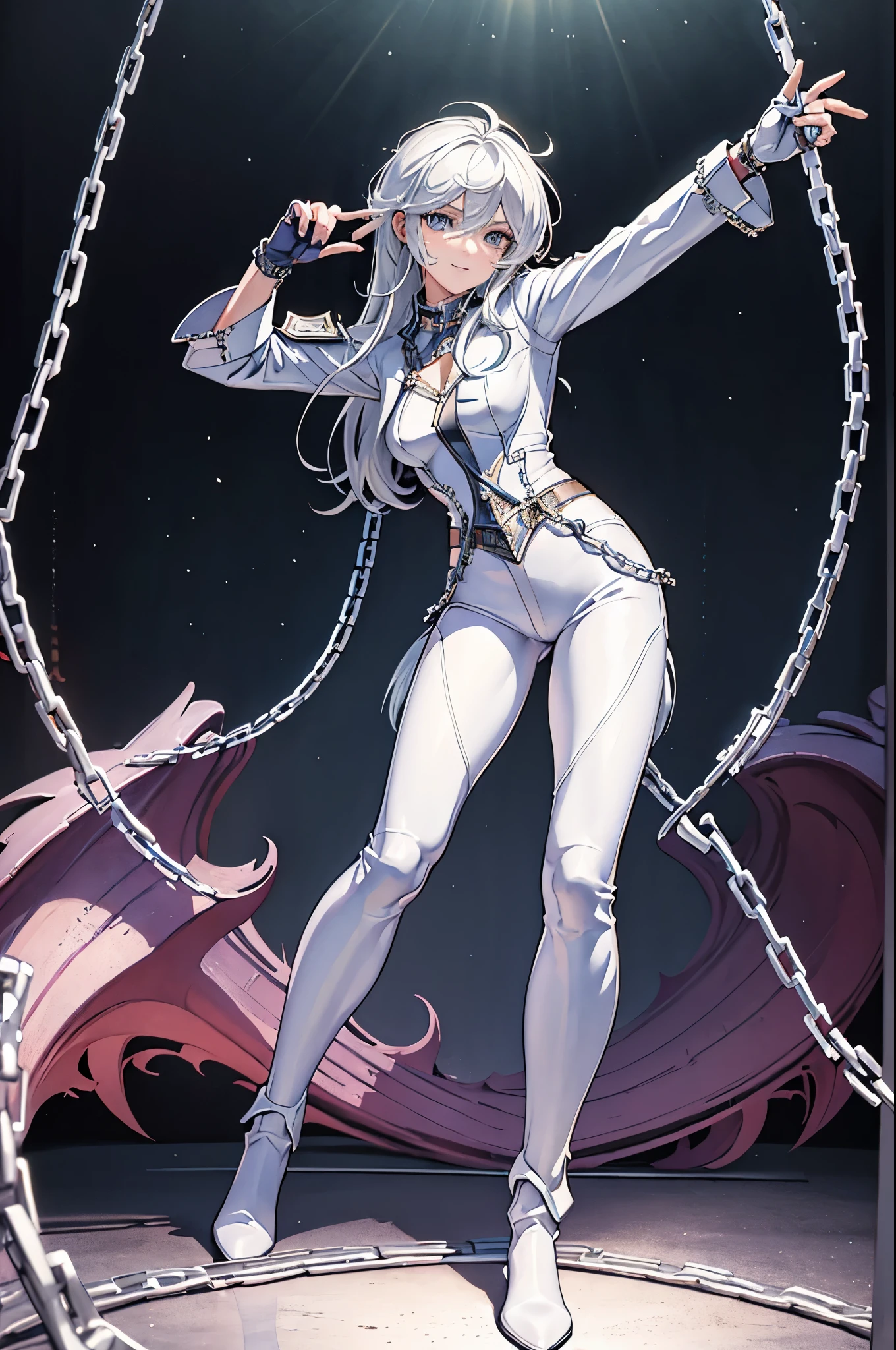 (masterpiece), best quality, silver eyes, perfect face, highres, 1girl, solo, angelms, white hair, white jacket, jeans, fingerless gloves, atacking pose, dancing around chains, evil smile, long boots, fanstasy background, cowboy shot, fullbody shot, looking at the viewer, from front, holding chains, long chain  whip