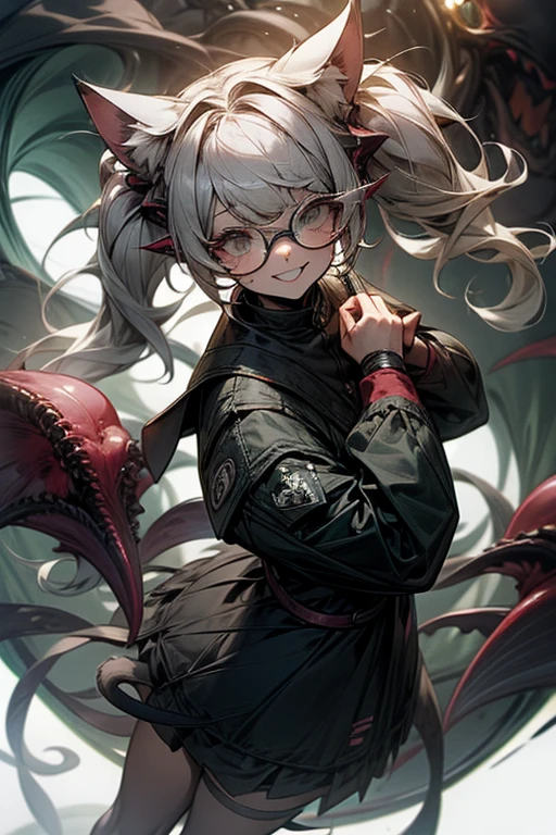 Glasses,PhD,Fearless smile,Insanity,Round mirror,Twin tails,Cat ear,Gray Hair,girl,Cthulhu,