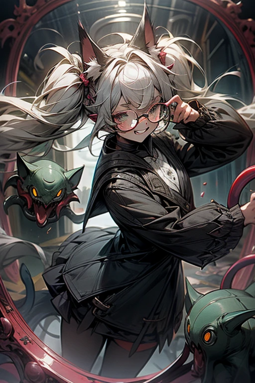 Glasses,PhD,Fearless smile,Insanity,Round mirror,Twin tails,Cat ear,Gray Hair,girl,Cthulhu,