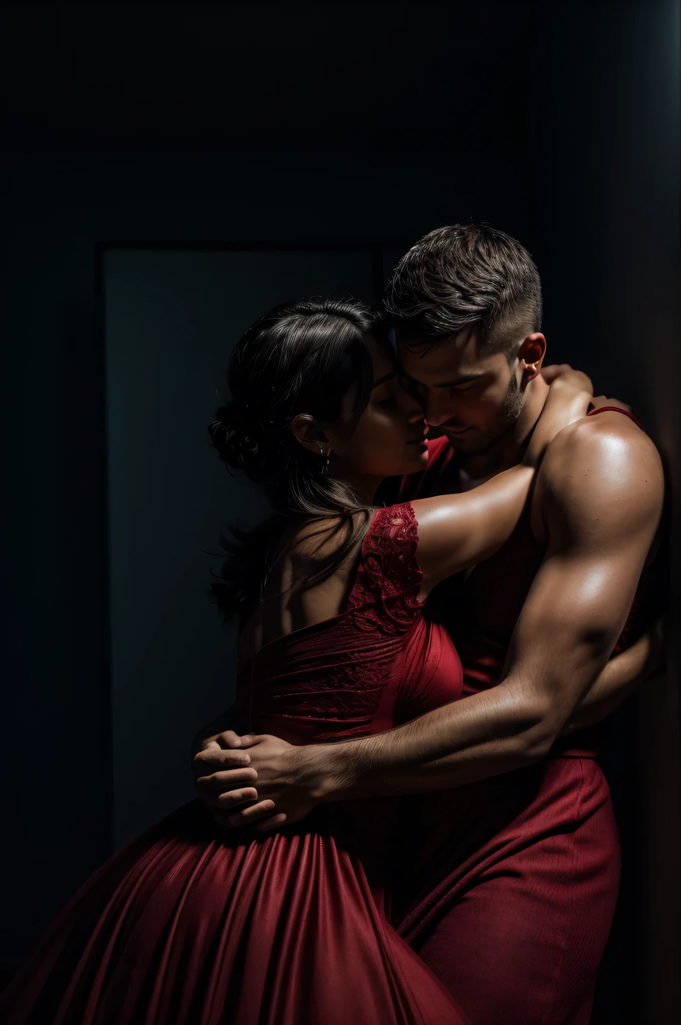 Couple of man and woman hugging in a dark room, woman is wearing a red dress. 4K resolution captures every detail, from the texture of the dress's fabric to the delicate play of shadows and light on the skin. vivid, emotionally charged moment. portrait, perfect faces