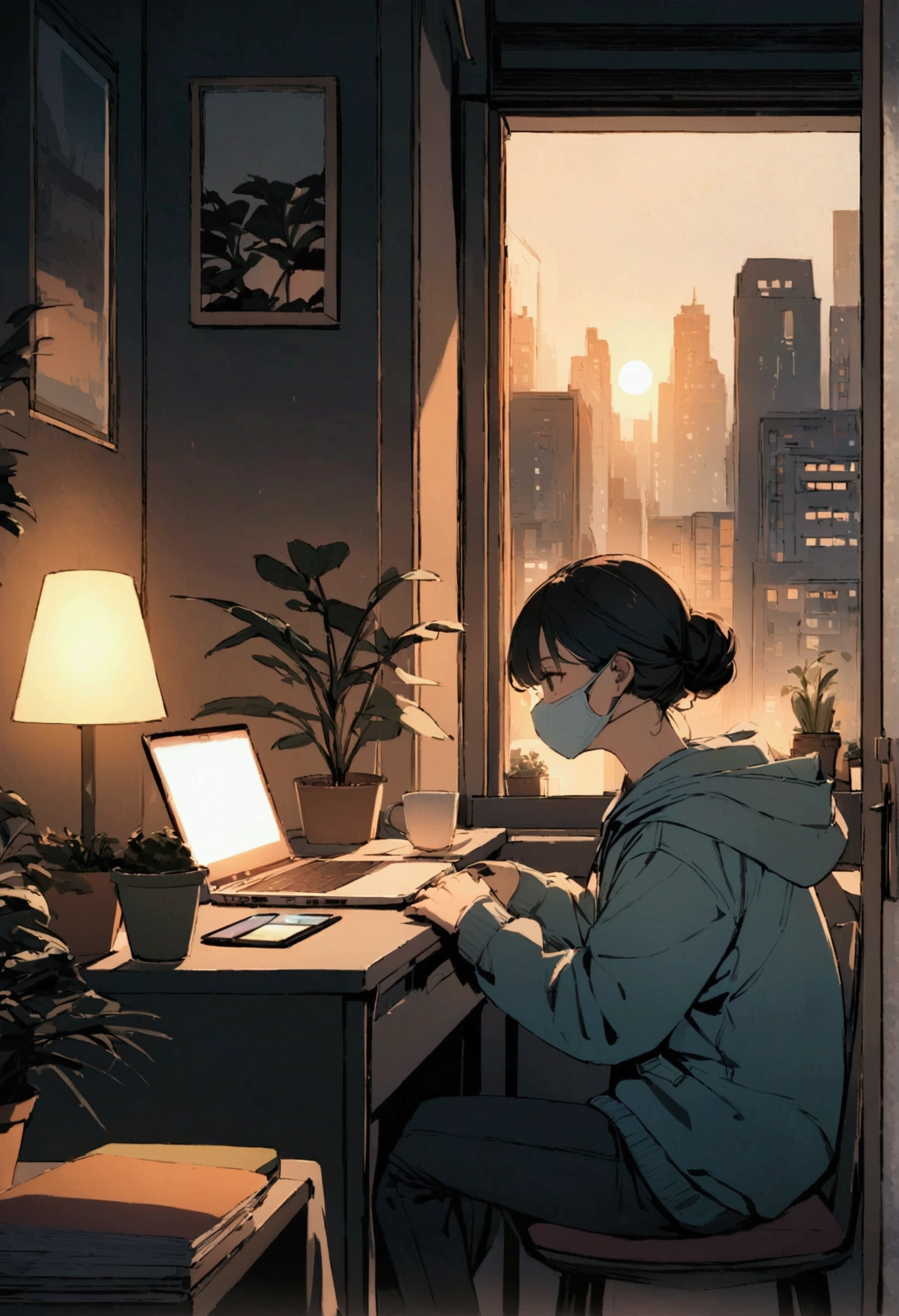 Digital illustration of a person sitting at a desk in a modern, dimly lit room with a cityscape visible through the window. The subject is wearing a light blue hoodie, sunglasses, and a white face mask, with short black hair. The desk features a laptop, a smartphone, a small potted plant, and a cup, all arranged neatly. The background includes a lamp with a warm light, another potted plant, and a few books. The overall color palette is a mix of warm and cool tones, creating a balanced and serene atmosphere.