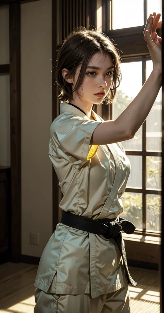 1girl, Solo, short light brown hair, green eyes, karate attire, black belt, inside dojo, upper body pov, God Rays, Ray Tracing, Reflection Light,