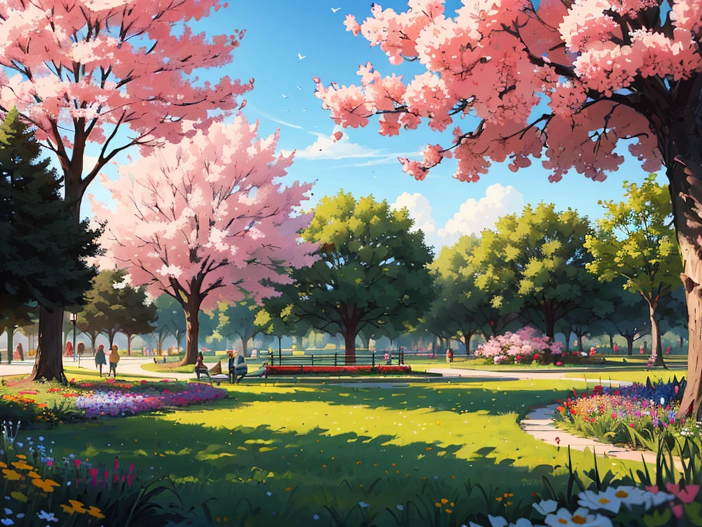 ((best quality)), ((masterpiece)), (detailed), (Masterpiece, colorful, 4K) create a park with lots of trees and colorful flowers.