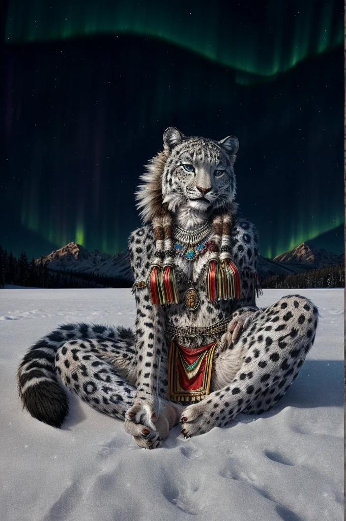 Snow Leopard, Humanity, furry, woman, woman, fur, detailed fur masterpiece, Highest quality, Digital Art, (Realistic:0.3), comics, Fine Lines, High resolution, Visually stunning (Detailed lighting, Depth of written boundary:0.9), Detailed Color, Vibrant colors, perfect hands, Fine hand (beautiful, cute, fluffy:1.2), Detailed body, Barefoot hairy character ,One girl,Person sitting barefoot in the snow, Nice legs, Soles and pads,Smiling Vagina Outdoors,nature, Tribal accessories, Tribal costume, Colorful aurora borealis,Night