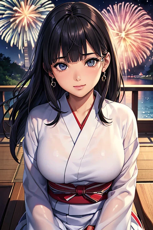 #Basics A girl is posing for a photo, animeのかわいい女の子, ((One Girl)), (((Baby Face:1.2)) + ((cute:1.3))),
break
#Clothing Accessories
(((Blue and white)yukata) : Morning glory pattern + the skirt is long + Red belt + Long sleeve + Wide sleeves),
((Red earrings)),
break
#Features
(((Black Hair)), ((blunt bangs)), Hair blowing in the wind, (Long Hair : Straight hair + Thin Hair)),
((Droopy eyes:1.4, Big eyes:1.2), blue eyes), (Small breasts), (Brown skin),
break
#background environment
((night + Starry Sky + Japanese garden, Fireworks)),
#Facial Expression Pose
(smile), ((Sit on the veranda)),
#composition
((Face the camera, (Focus from the front), Cowboy Shot)),
break
#Body parts elements
(Slim figure),
(Detailed Hair, Beautiful Hair, Shiny Hair),
(double eyelid, Long eyelashes),
(Expression of fine eyes, Beautiful and delicate eyes, Sparkling eyes, Eye Reflexes, Glitter Eyeliner),
(Human Ear),
(Beautiful Nose, Thin Nose),
(Glossy Lips, Beautiful Lips, Thick lips), (Symmetrical facial features),
(Detailed skin, Textured skin, Beautiful Skin, Oily skin),
break
#Quality Image Quality Common
(((Highest quality)), ((masterpiece)), ((Very detailed))), ((Ultra-high resolution)), ((16K, 1080P)), ((FHD)),
(Anatomically correct), (Realistic), (3DCG), (oil),
#Quality image illustration
((comics, anime)), CG illustration,