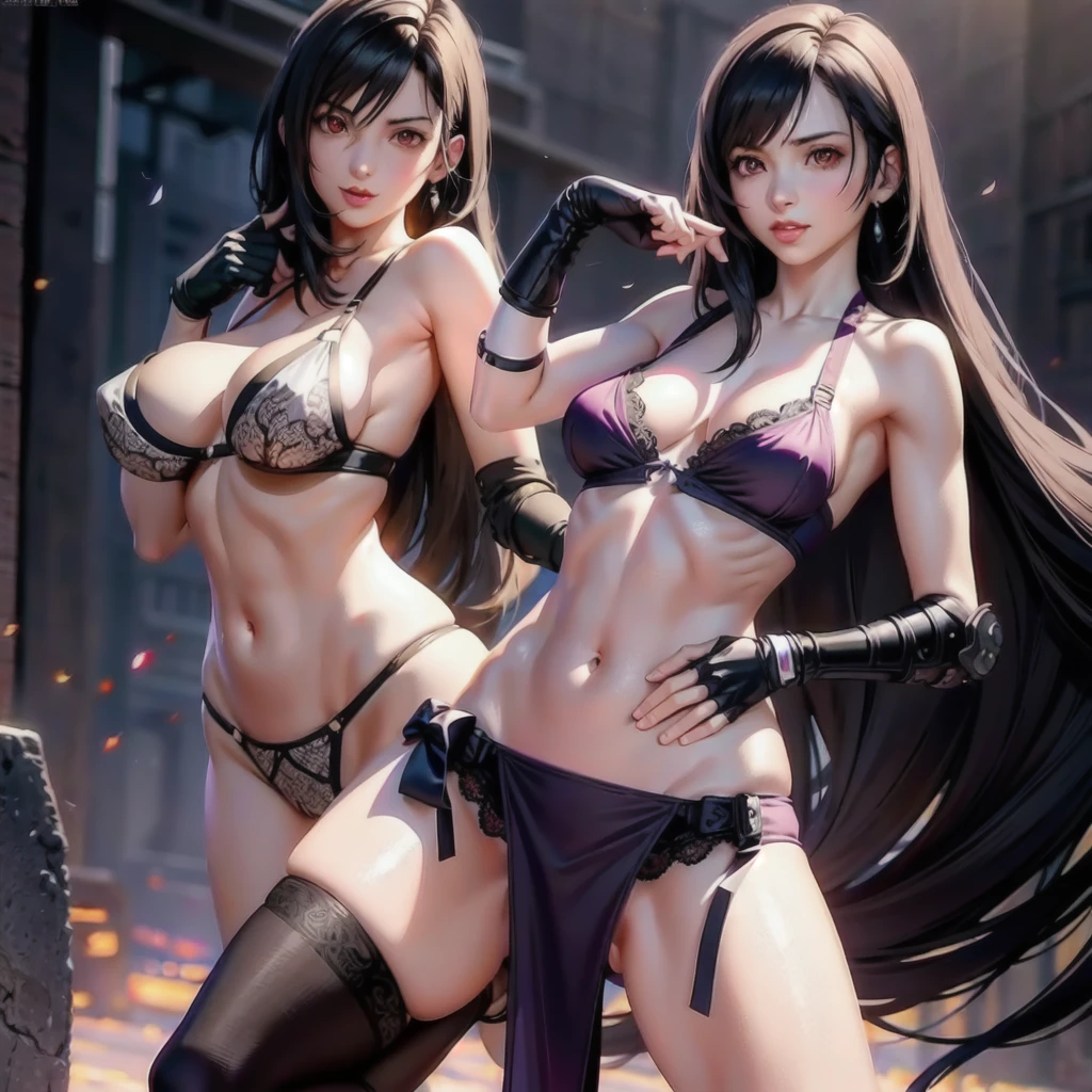 (8k, Highest quality, masterpiece:1.2), (Realistic, photo-Realistic:1.37), (whole body), Are standing, Spread your legs, (Wide Stance) Are standing contrapposto, Very detailed, 1 girl,cute, alone, (Tifa Lockhart), (Big Breasts), (beautiful detailed eye), (smile:1.2), (Mouth closed), Sharp focus, Depth of written boundary, Good composition, Final Fantasy VII, Black Hair, Very long straight hair, Hair bangs, ((red_eye)), Complex, Bokeh, (Tetsuya Nomura Style), Perfect breasts, Cleavage,Sideboob,Purple lace bra, Purple T-back,Fat pubic area, Long gloves, stockings, garter, Beautiful body, 8 heads, Wide Hips, Narrow waist, Toned arms, Exposing the abdomen, View from the front