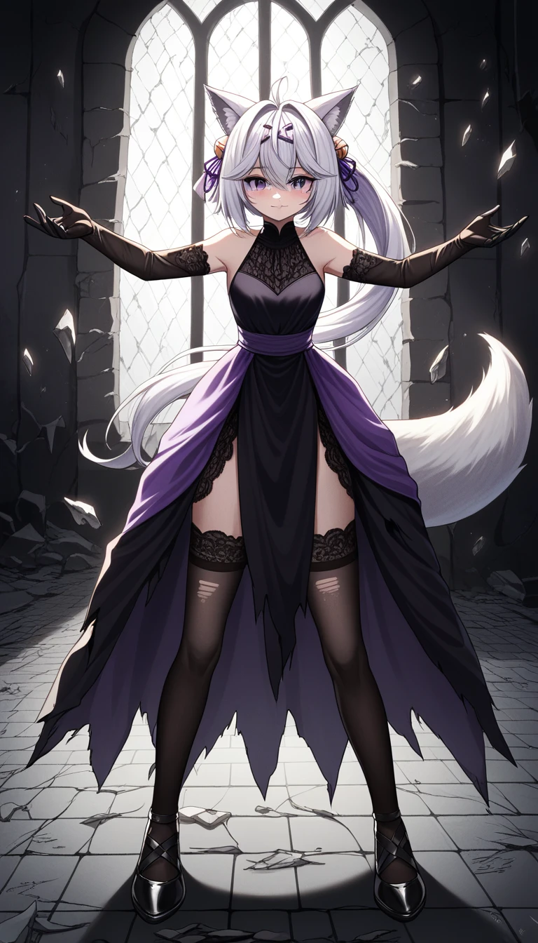 UHD, masterpiece, best quality, ((Night)), ((castle ruins)), ((battlefield)), ((destroyed walls)), broken glass, broken window, messy background, scary background, dramatic lighting, moody atmosphere, scary atmosphere, 1girl, solo, royalty, ((pageant pose)), conservative pose, tattered black gown with purple ribbon, high 1slit tattered dress with purple design, very elegant tattered dress, Filian, ((fox tail)), [[[small cat ears:0.1]]], white hair, short hair, ((long hair ponytail)) , ahoge, hairclip, hair bell, big round eyes, deep purple eyes, ((dark purple eyes)), blush, closed mouth, seductive smile, black  lace arm sleeve, black gloves, thick arms holding mage staff, ((black lace stockings)), thick legs, black high heals, Eye-Level Shot, full body pose, elegant pose, front view