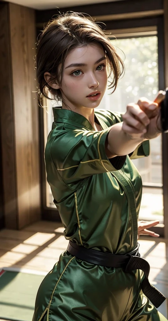 1girl, Solo, short light brown hair, green eyes, karate attire, black belt, inside dojo, upper body pov, God Rays, Ray Tracing, Reflection Light, 