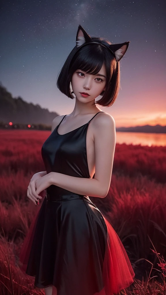 Delicate and dainty young woman with shiny bob-cut black hair and cat ears. She is wearing red only mini-skirt one-piece dress. The background is a fantastic and ethereal night sky that seems to be haunted by a specter. Her expression is stern and atmospheric. Angle from directly below