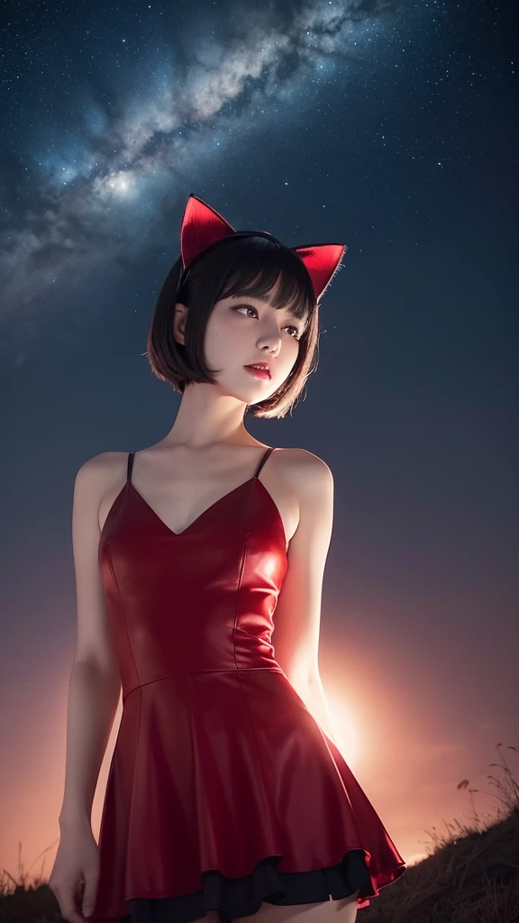 Delicate and dainty young woman with shiny bob-cut black hair and cat ears. She is wearing red only mini-skirt one-piece dress. The background is a fantastic and ethereal night sky that seems to be haunted by a specter. Her expression is stern and atmospheric. Angle from directly below