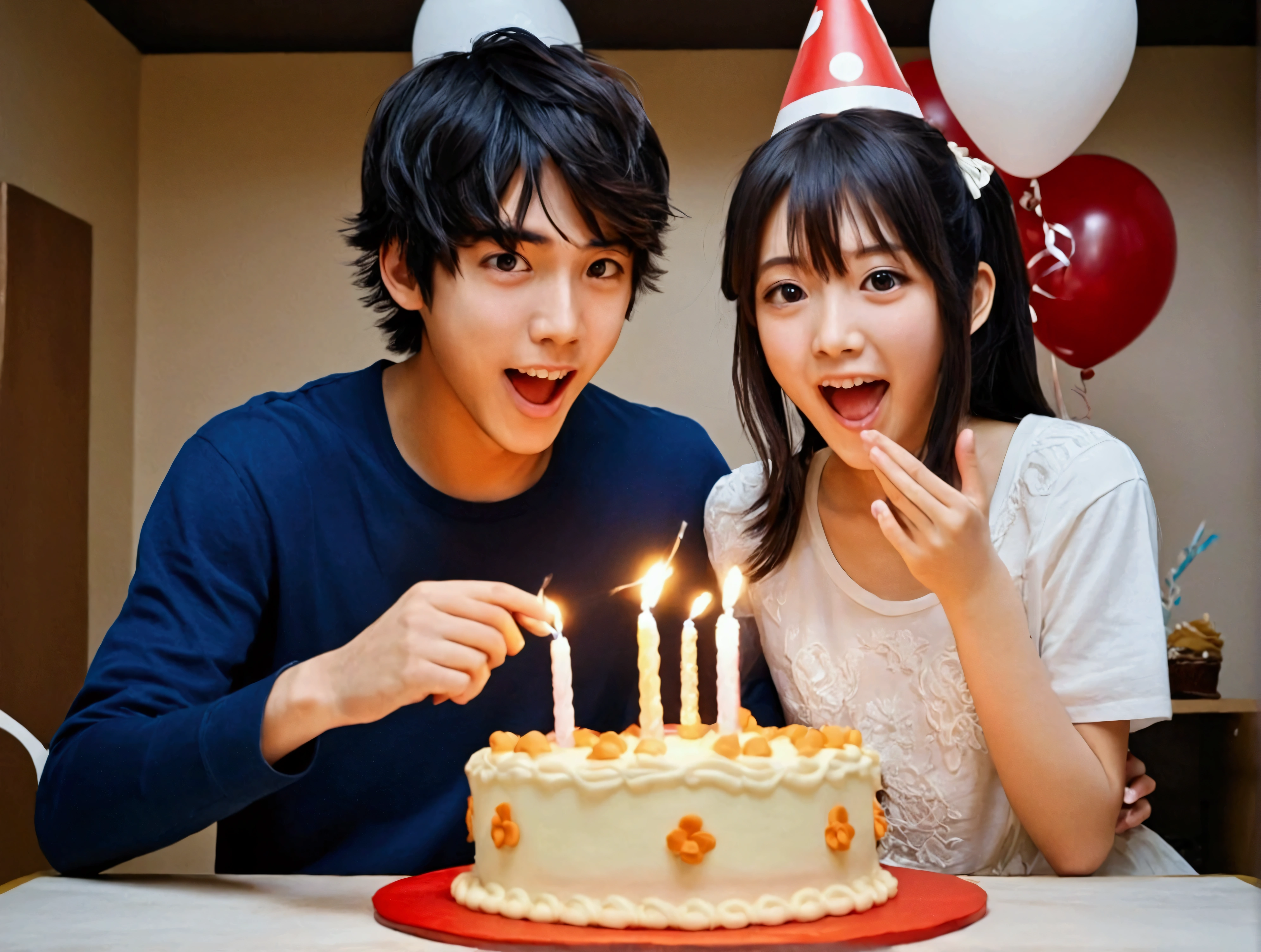 Best quality, 1girl, 1boy, happy, surprise, birthday , cake, young couple, anime