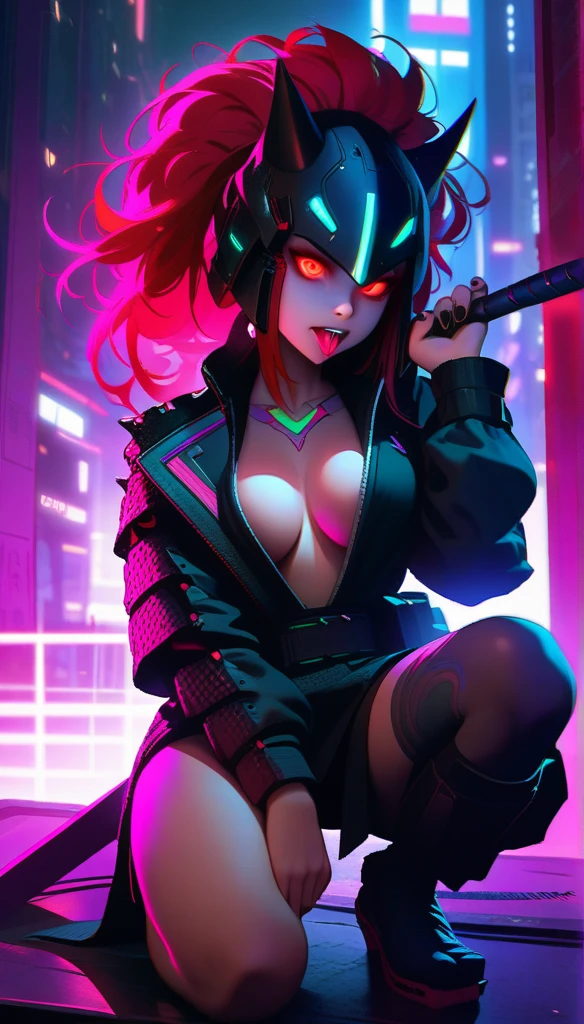 Bad Girl, Fluffy red hair, Tongue sticking out, Tongue spiked, Black nails, Exaggerated rhinestone jacket, Holding a baseball bat, Black and red. Surreal version of a woman kneeling on one knee with sword in hand, very beautiful cyberpunk samurai, anime cyberpunk art, cyberpunk samurai, cyberpunk anime art, cyberpunk anime, cgsociety 9, digital cyberpunk anime art , style by maciej kuciara.1girl, samurai armor , Demon mask helmet, intricate, detailed ornaments, cool colors, metallic, Egyptian details, intricate details, realistic lighting , trending on social cgs, glowing eyes, facing camera, neon details, surreal details, full body portrait, Japanese atmosphere, global illumination, shadows, index rendering octane, 8k, extremely sharp ta. Cyberpunk city background.
