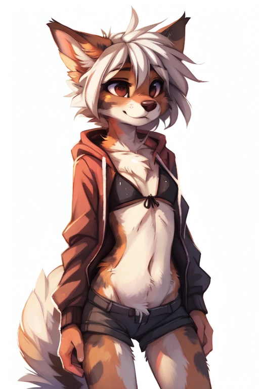 ((White background, no background)) High quality, 8K, by kenket, by swaybat, by reysi, by Zackary911, by hyattlen, by teranen, by fumiko, by Pixelsketcher, by Bayard Wu, by Einshelm, by Kilinah, by Hioshiru, by fluff-kevlar, by Dimwitdog, Furry, Anthro, solo, ((australian shepard)), ((female)), ((young)), ((fluffy tail)), ((slender)), floppy ears, ears down, ((short white hair)), small breasts, short, chest fluff, ribs, erotic, bikini, bikini bottoms, hoodie, beach, skinny
