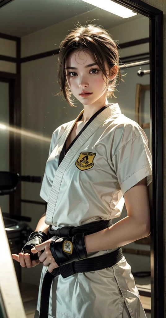 1girl, Solo, short light brown hair, green eyes, white karate attire, black belt, gloves, inside dojo, upper body pov, God Rays, Ray Tracing, Reflection Light, 
