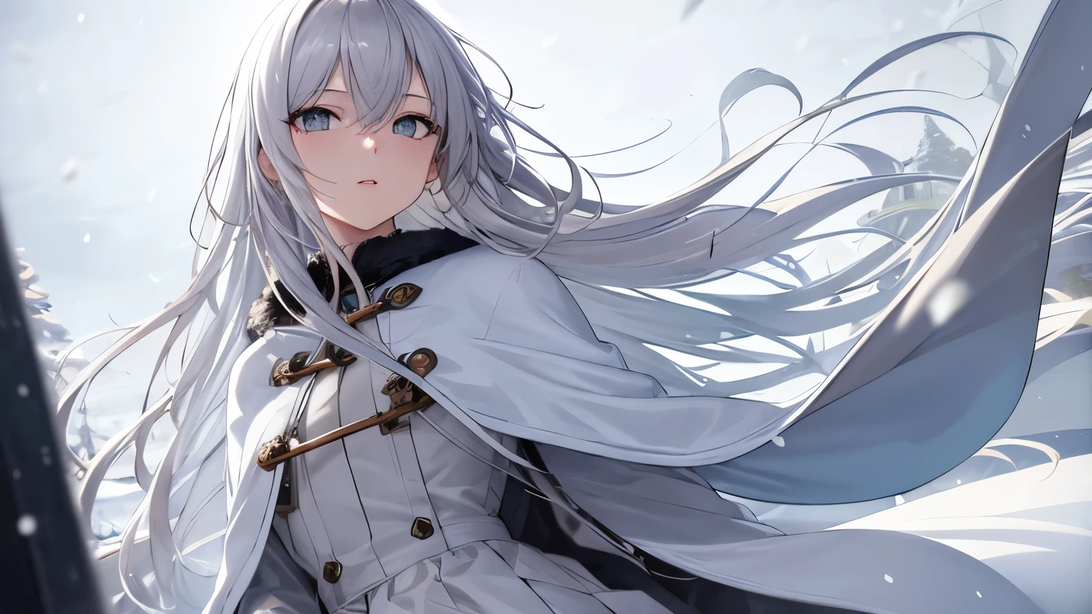 ((best quality)), ((masterpiece)), (masterpiece), best quality, expressive eyes, perfect face,high res, ultrasharp, 8K, masterpiece,(detailed), elegant woman,white long hair,cold,fluffy cloths,skirt,grey eyes,in the snow