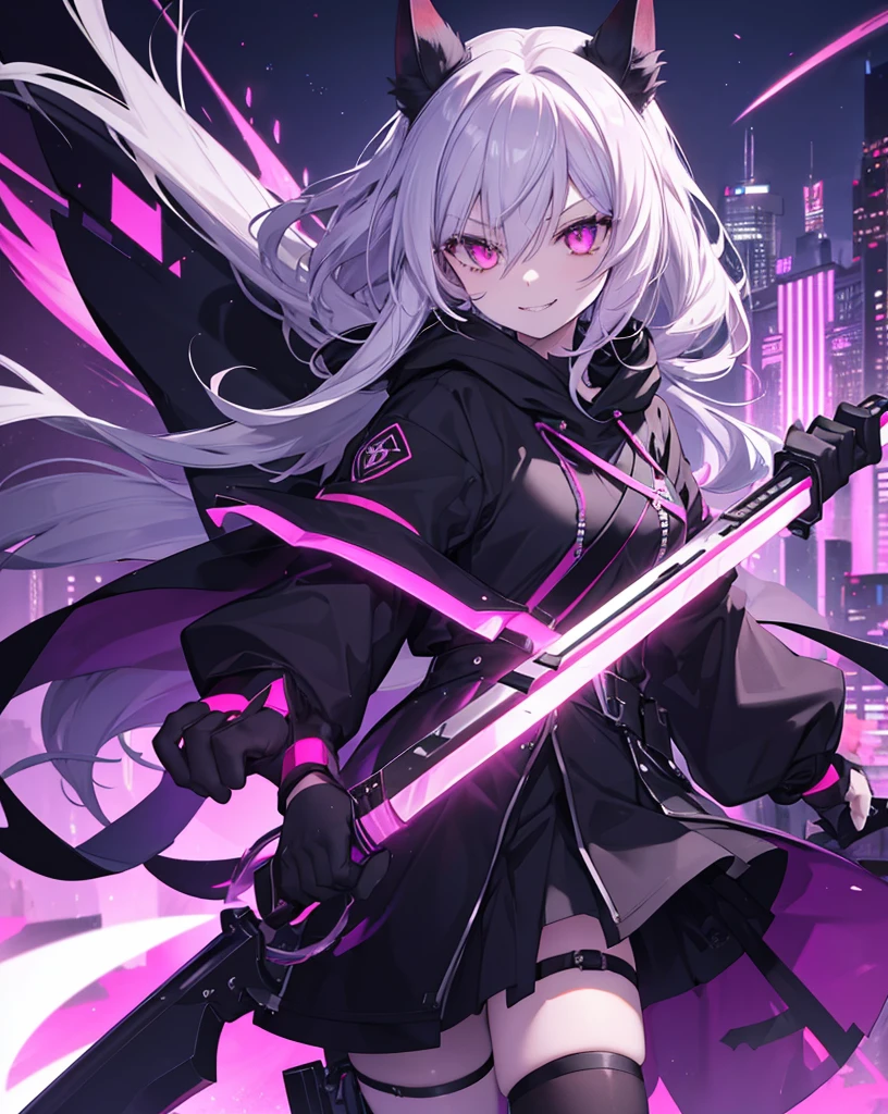 1girl, cat ears, neko ears, scythe, solo, sharp_teeth, holding, teeth, hood, pink_eyes, open_mouth, horns, smile, long_hair, ring, hood_up, gloves, holding_scythe, looking_at_viewer, weapon, holding_weapon, black_gloves, glowing_eyes, jewelry, fur_trim, glowing, hair_between_eyes, fingerless_gloves, building, grey_hair, (neon), (evil smile:1.4), evil . Cute smile with vampire canines, fox tail.