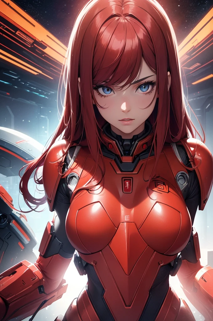 (best quality,4k,8k,highres,masterpiece:1.2), beautiful detailed eyes, beautiful detailed lips, extremely detailed eyes and face, long eyelashes, 1  girl, red mech suit, straight red hair, cool sci-fi lighting, space background, vibrant colors, futuristic theme, full body