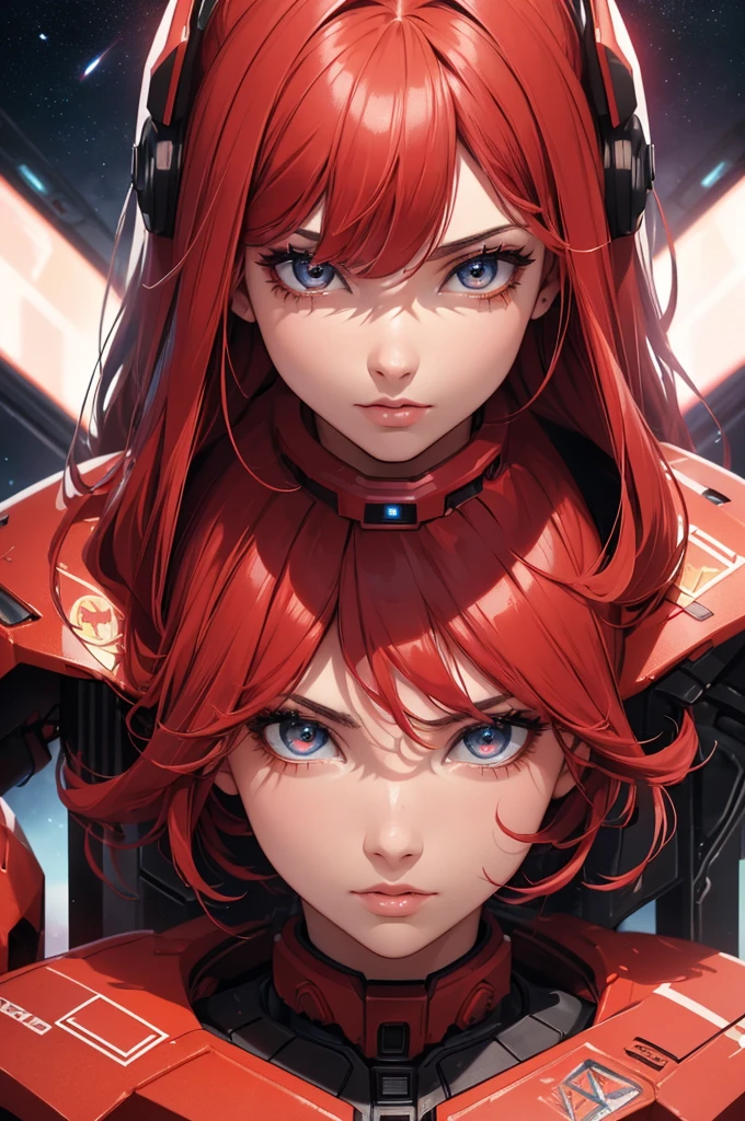 (best quality,4k,8k,highres,masterpiece:1.2), beautiful detailed eyes, beautiful detailed lips, extremely detailed eyes and face, long eyelashes, 1 girl, red mech suit, straight red hair, cool sci-fi lighting, space background, vibrant colors, futuristic theme, full body