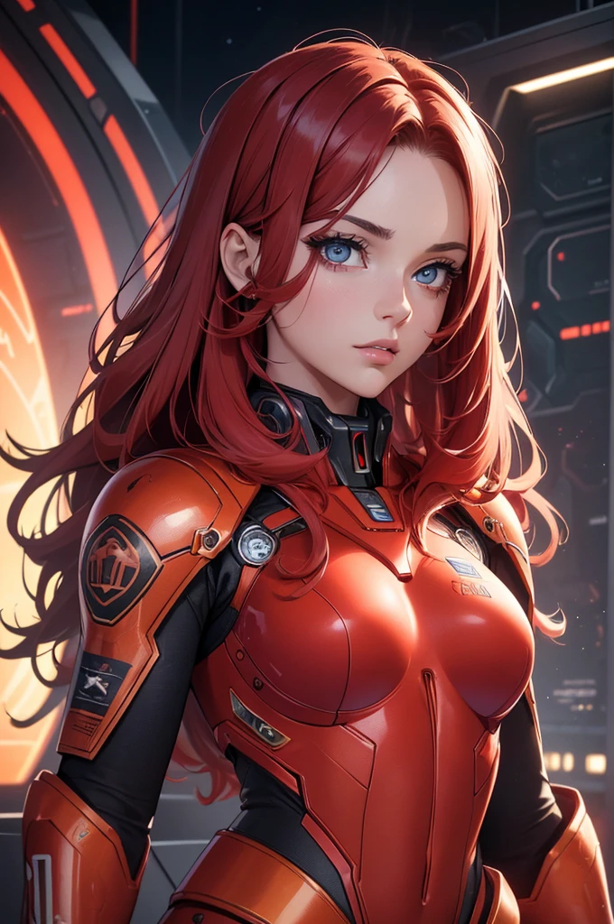 (best quality,4k,8k,highres,masterpiece:1.2), beautiful detailed eyes, beautiful detailed lips, extremely detailed eyes and face, long eyelashes, 1 teen girl, red mech suit, straight red hair, cool sci-fi lighting, space background, vibrant colors, futuristic theme, full body