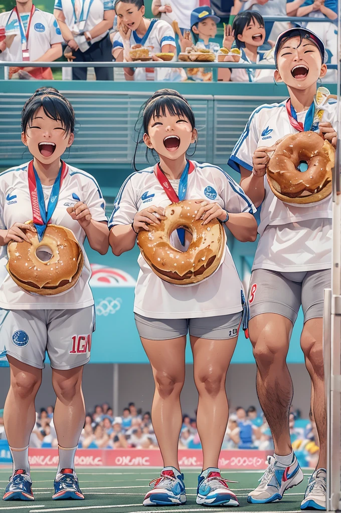 Sports photography、Olympic、Bread eating contest、donut、Biting the medal、Laugh with your teeth showing、full stadium、