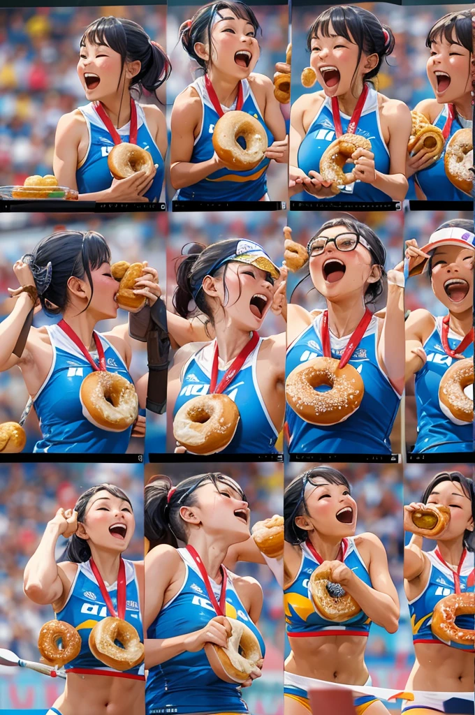 Sports photography、Olympic、Bread eating contest、donut、Biting the medal、Laugh with your teeth showing、full stadium、