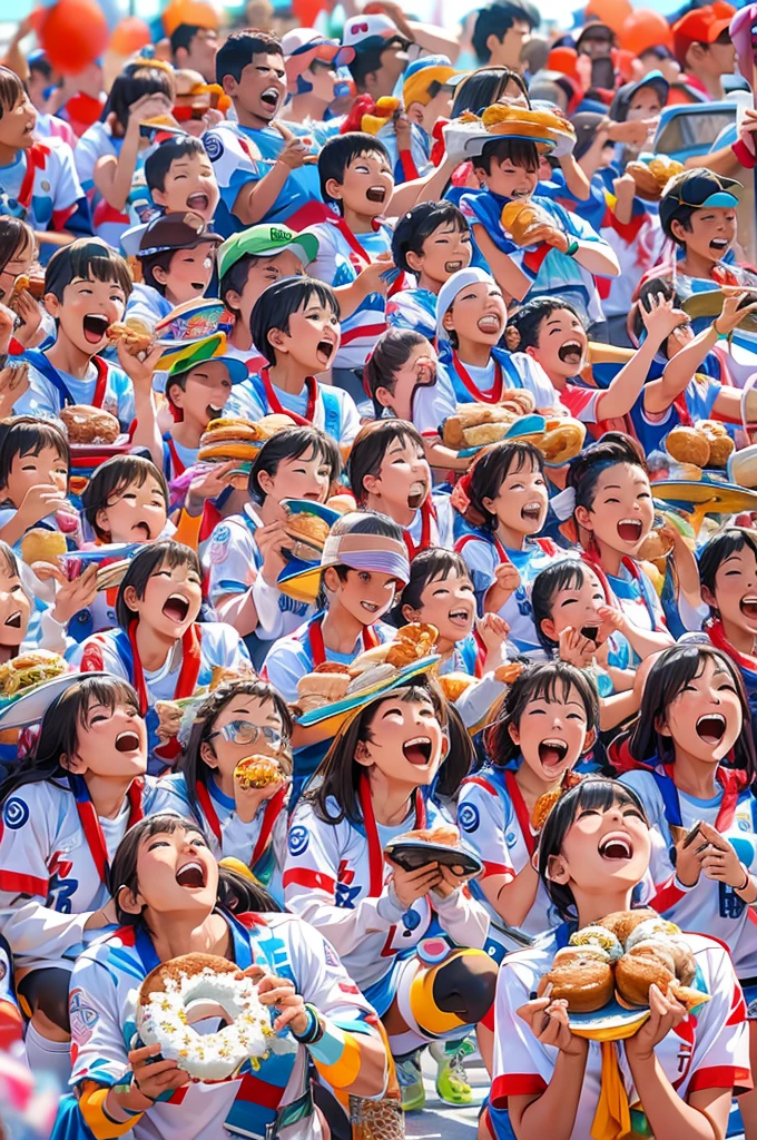 Sports photography、Olympic、Bread eating contest、donut、Biting the medal、Laugh with your teeth showing、full stadium、