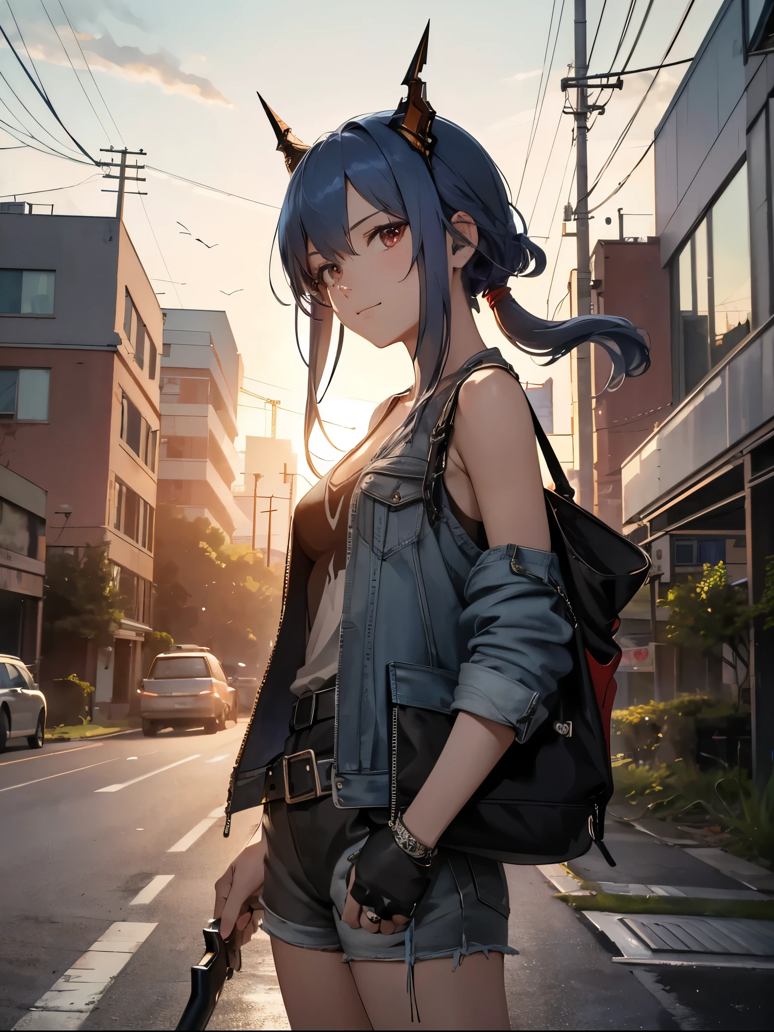 masterpiece, Best quality,1 girl, (watercolor painting):1.2,pencil sketch,break, long hair,blue hair,Red eyes,break White tank top,denim shorts, fingerless gloves, Work boots,hip-hop, Punk look, chain, dark brown leather jacket,inexpressive,small smile,break photorealistic image of a young girl, Chen, rides his vintage black 1970s style motorcycle through the ruins of an abandoned city at dusk. The scene captures her in a cowboy shot, driving intently through the decaying urban landscape. The ruins are filled with destroyed buildings., overgrown vegetation, and scatteКрасный debris, creating a sharp contrast with a magical glow, coming from her motorcycle.. Chen is in side profile, focused on my path, ее длинные blue hair струятся позади нее. The background conveys a sense of devastation and mystery., improvement of the post-apocalyptic fantasy setting.breakmasterpiece, Best quality, Ultra detailed, a high resolution,4K,(ultra detailed:1.4), newest,breakduch angle,cowboy shot,