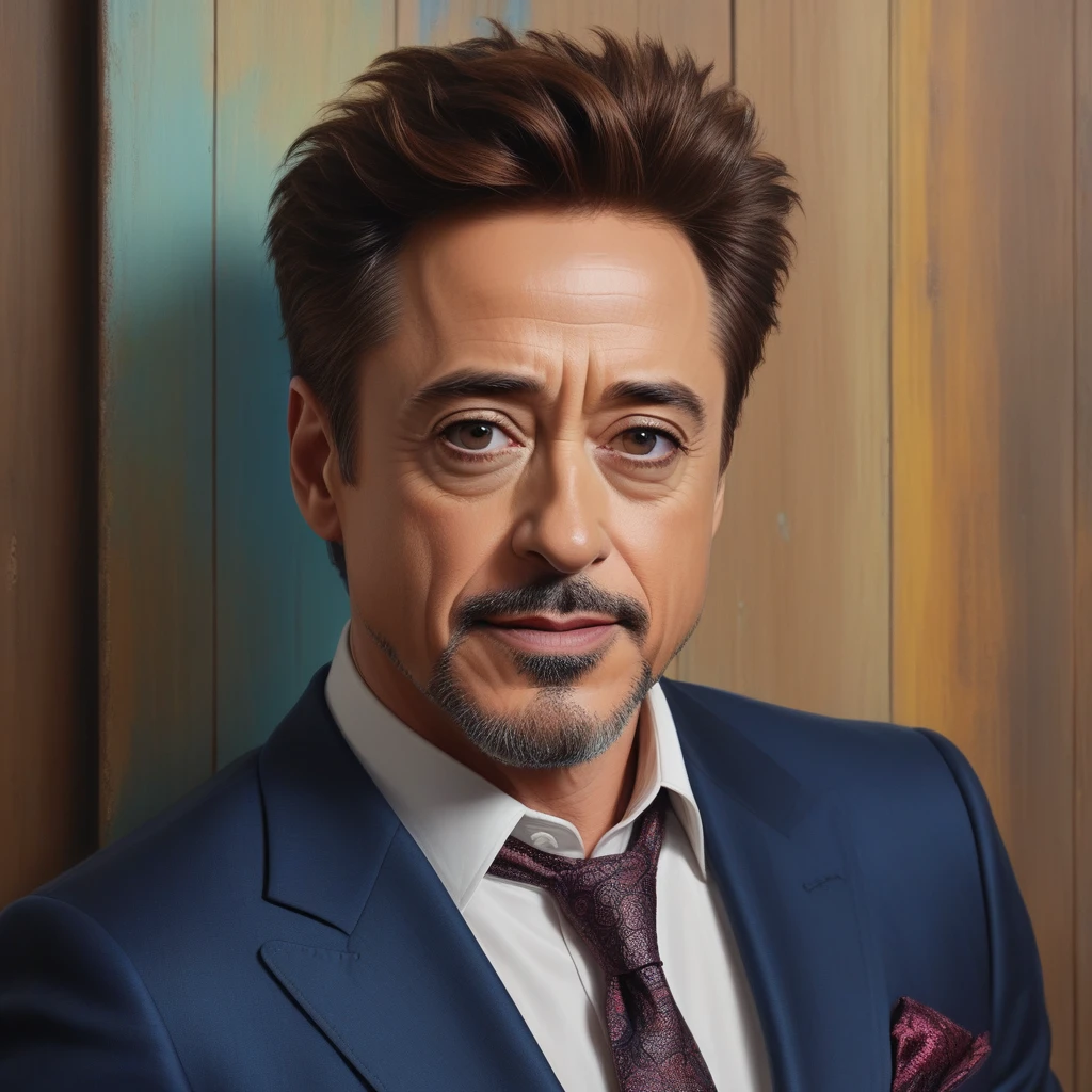 Robert Downey Jr.. happy face, has a short neck - a faded, wooden panel wall in the background, oil painting in the artistic style of Boris Vallejo, 4K, 8k, 32 mil HD, Hyper realisitic, extremely colorful, Vibrant, photorealisitic, realisitic, Spitz, highy detailed, professional quality, comely, incredible, majestic, Great, trends on ArtStation, pleasant,  kind, cinematic, marvelous, Real, life like, highy detailed, Spitz, focused, Fantastic, Trends in the art season
