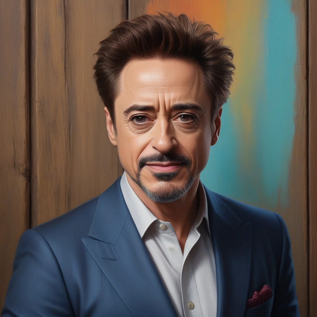 Robert Downey Jr.. happy face, has a short neck - a faded, wooden panel wall in the background, oil painting in the artistic style of Boris Vallejo, 4K, 8k, 32 mil HD, Hyper realisitic, extremely colorful, Vibrant, photorealisitic, realisitic, Spitz, highy detailed, professional quality, comely, incredible, majestic, Great, trends on ArtStation, pleasant,  kind, cinematic, marvelous, Real, life like, highy detailed, Spitz, focused, Fantastic, Trends in the art season