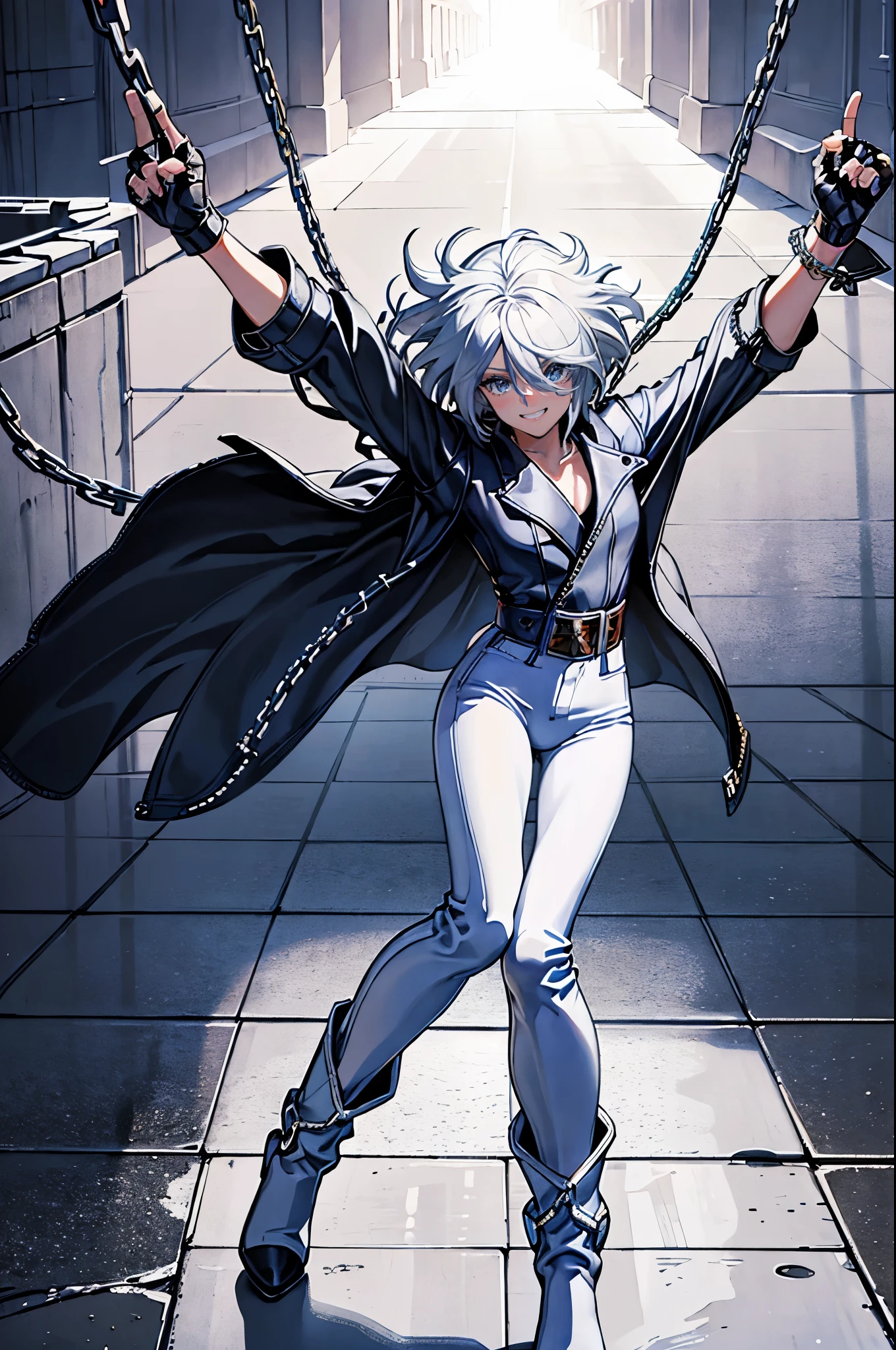 (masterpiece), best quality, silver eyes, perfect face, highres, 1girl, solo, angelms, white hair, white jacket, jeans, fingerless gloves, atacking pose, dancing around chains, evil smile, long boots, fanstasy background, cowboy shot, fullbody shot, looking at the viewer, from front, holding chains, long chain  whip