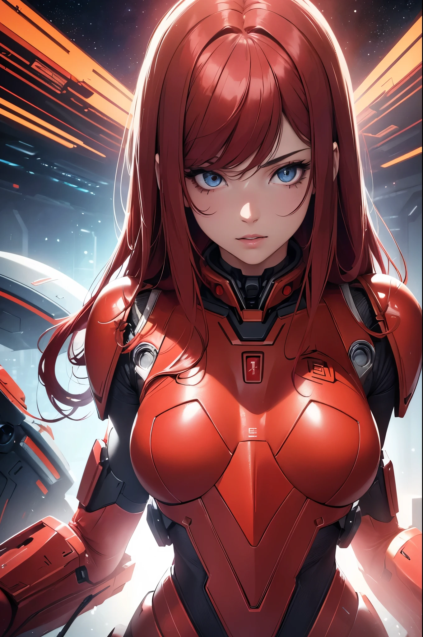 (best quality,4k,8k,highres,masterpiece:1.2), beautiful detailed eyes, beautiful detailed lips, extremely detailed eyes and face, long eyelashes, 1 teen girl, red mech suit, straight red hair, cool sci-fi lighting, space background, vibrant colors, futuristic theme, full body