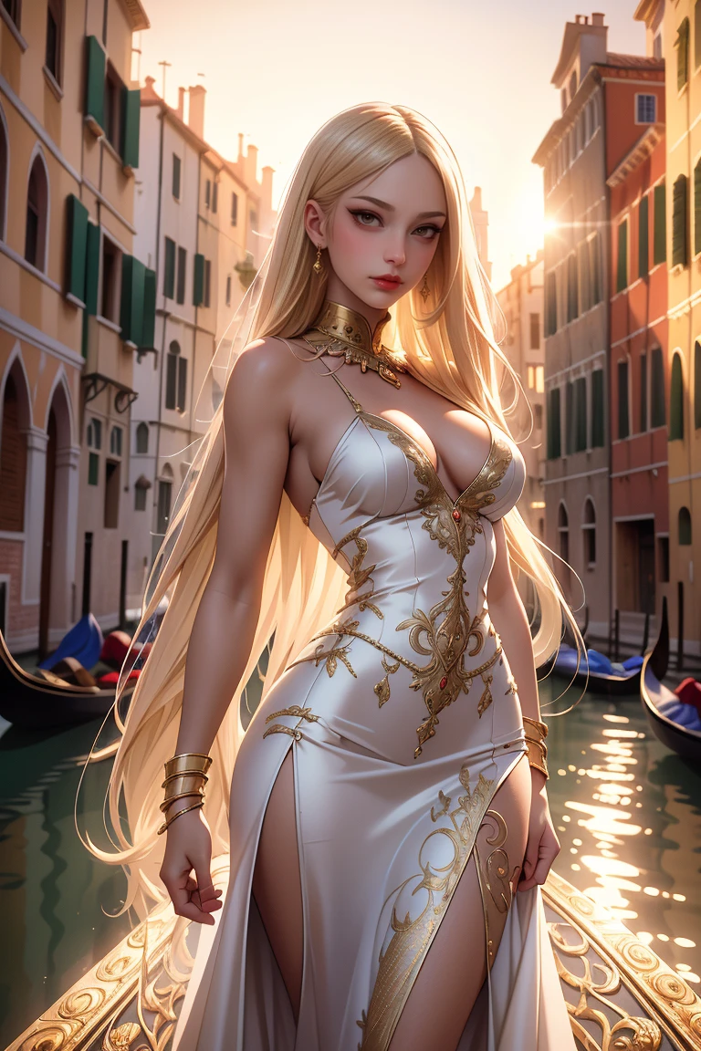 Beautiful woman with long blonde hair wearing a tight dress with a deep neckline standing in a Venetian square, ultra detailed, realist, photorealist, 8k, masterpiece, beautiful detailed eyes, beautiful detailed lips, extremely detailed face, long eyelashes, ELEGANT DRESS, High heels, venetian architecture, Gondola, canal, urban landscape, golden hour lighting, warm colors