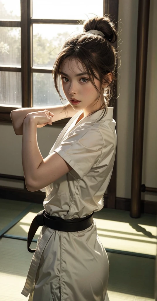 1girl, Solo, tied up bun light brown hair, green eyes, white karate attire, black belt, inside dojo, upper body pov, God Rays, Ray Tracing, Reflection Light, 